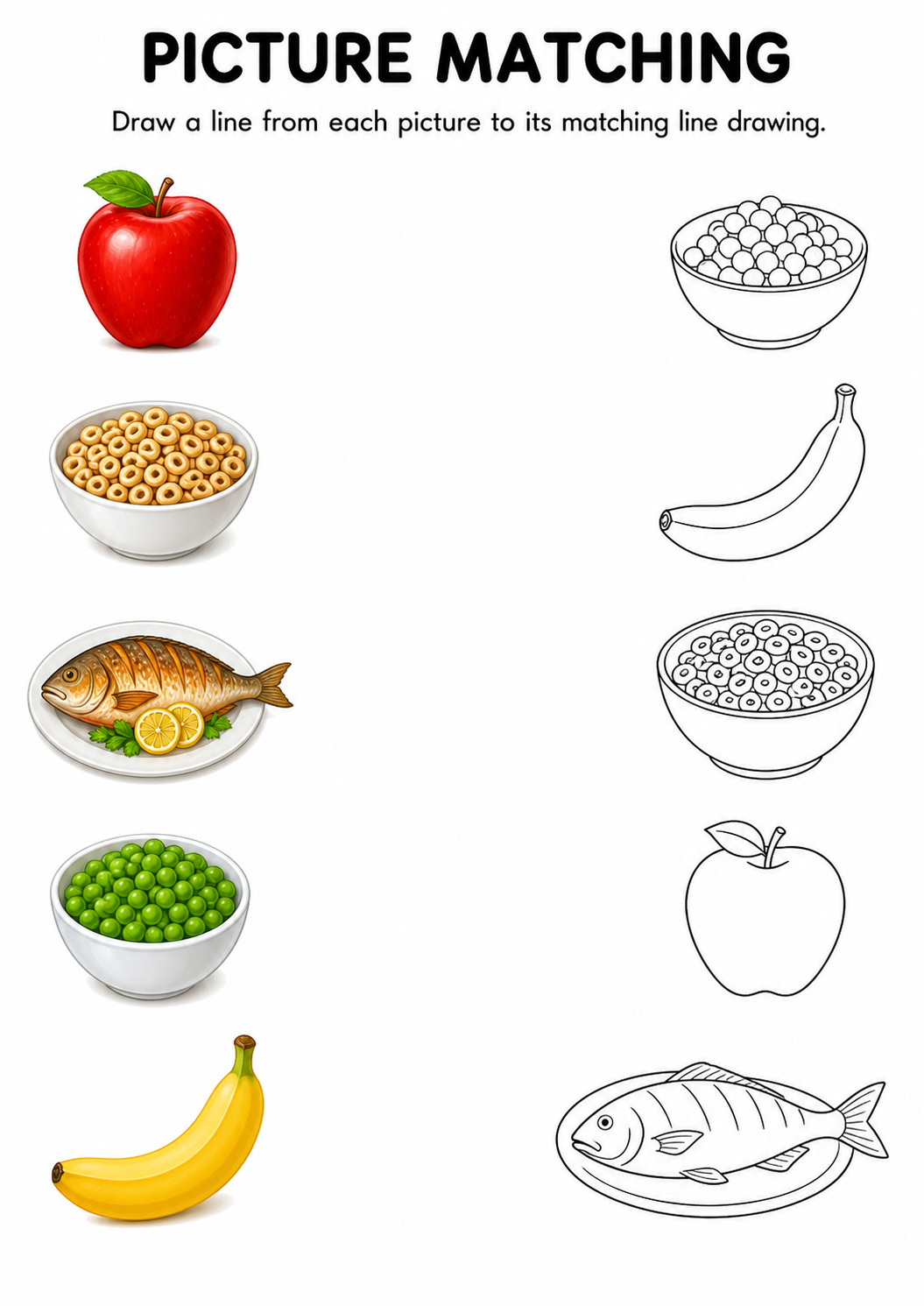 Food and drinks picture to line drawing worksheet with five items