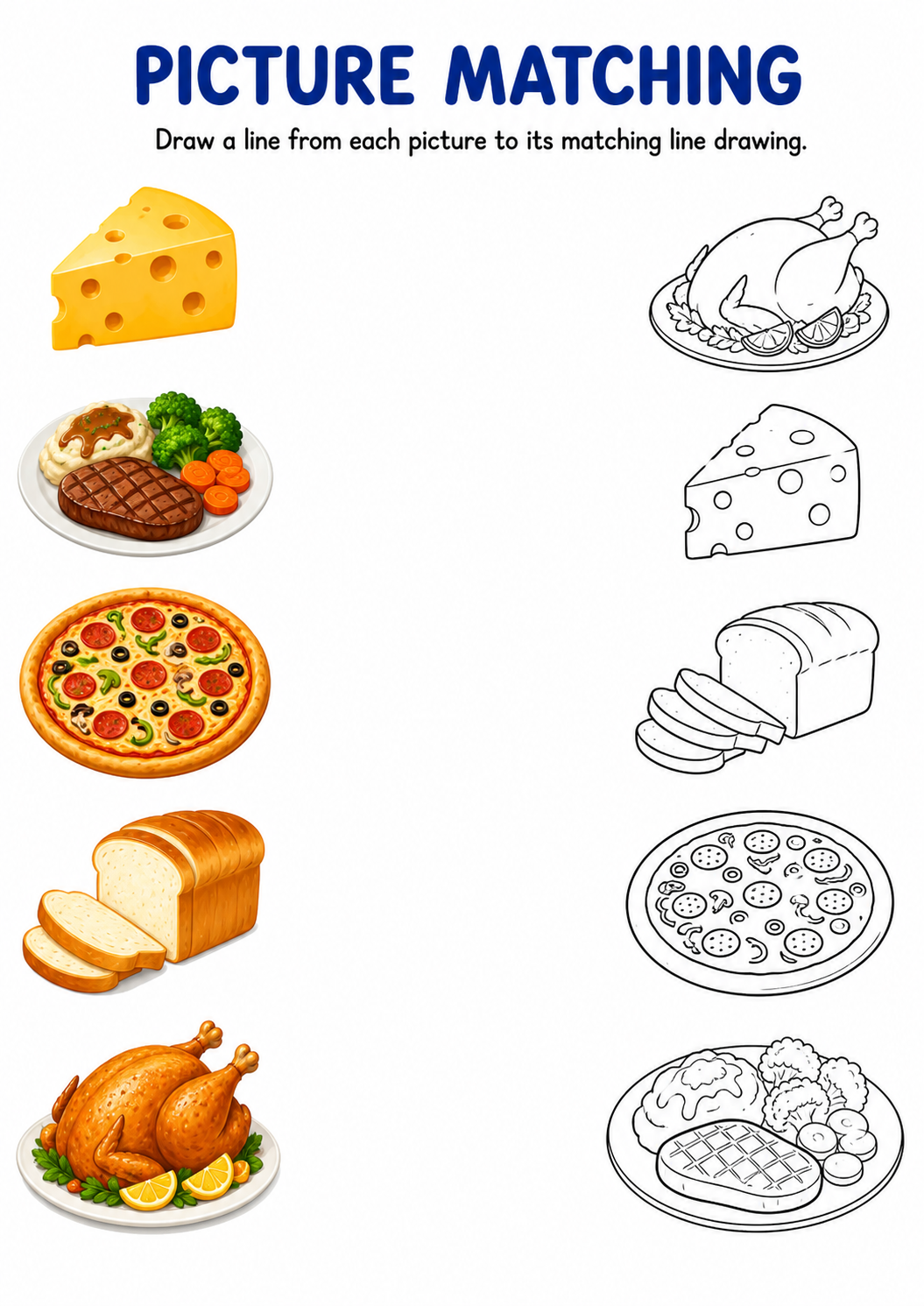 Food picture to line drawing worksheet with five items