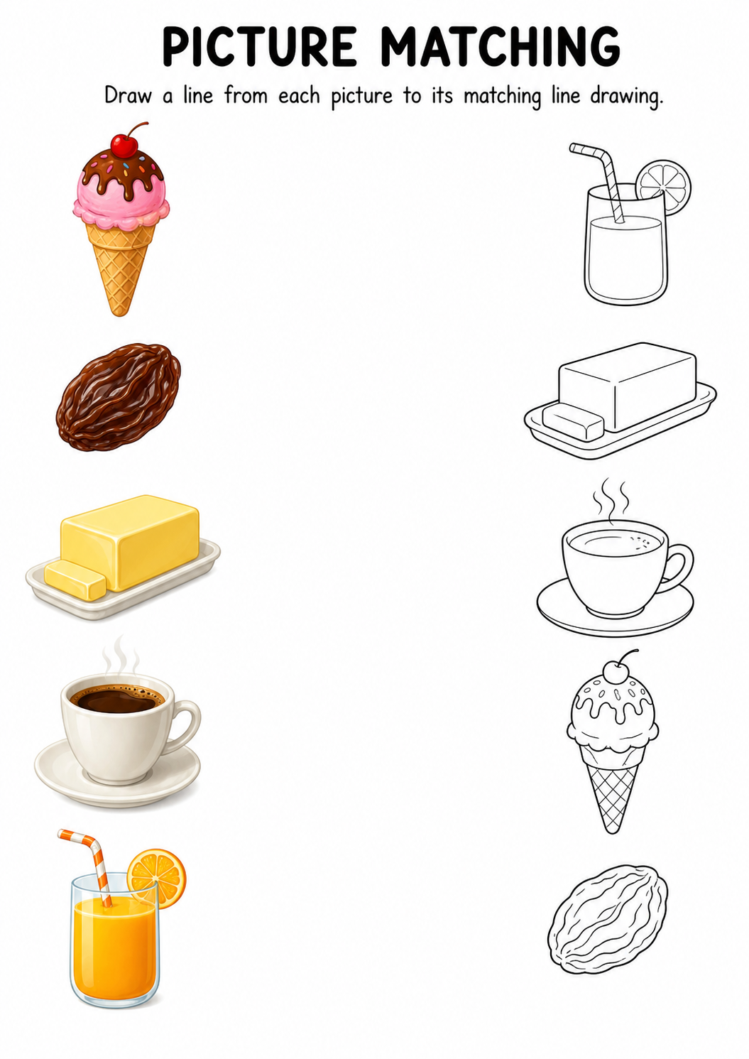 Food and drinks picture to line drawing worksheet with five items