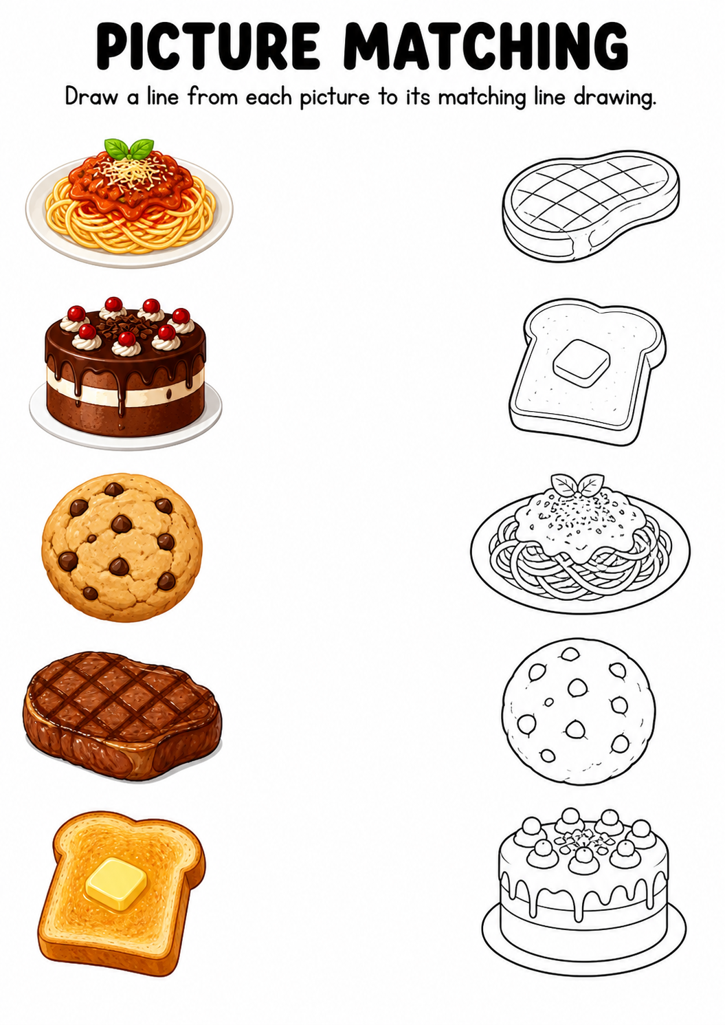 Food picture to line drawing worksheet with five items