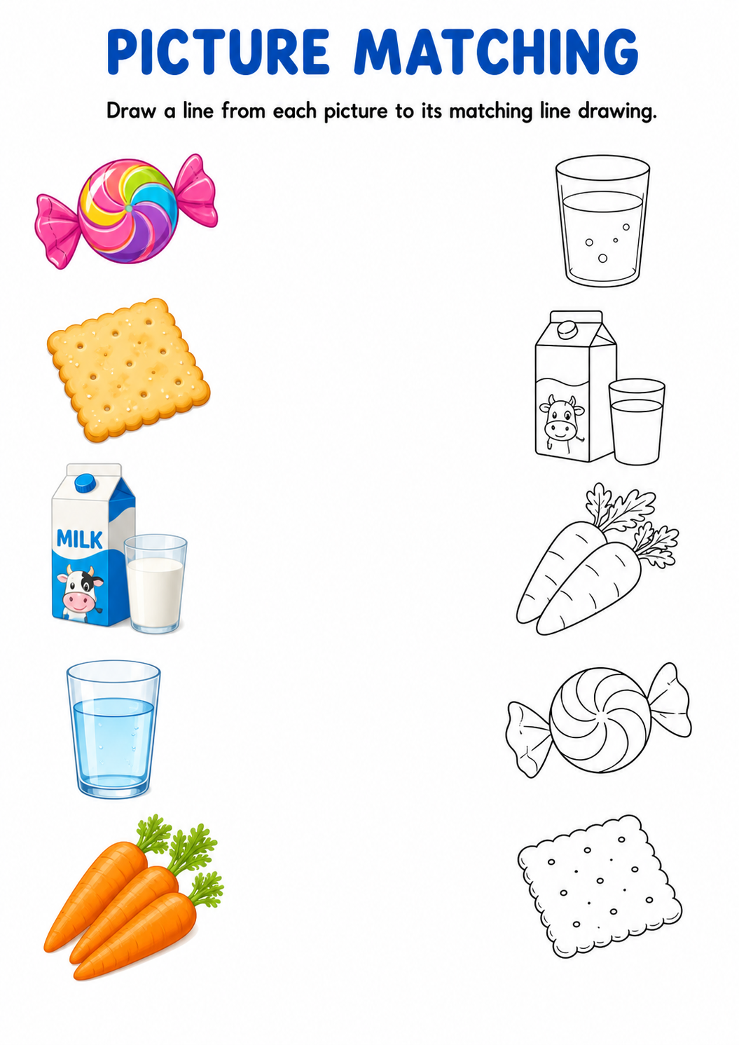 Food and drinks picture to line drawing worksheet with five items