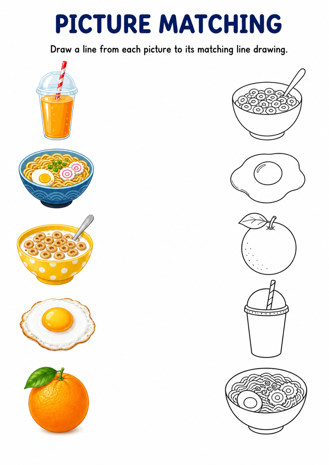 Food and drinks picture to line drawing worksheet with five items