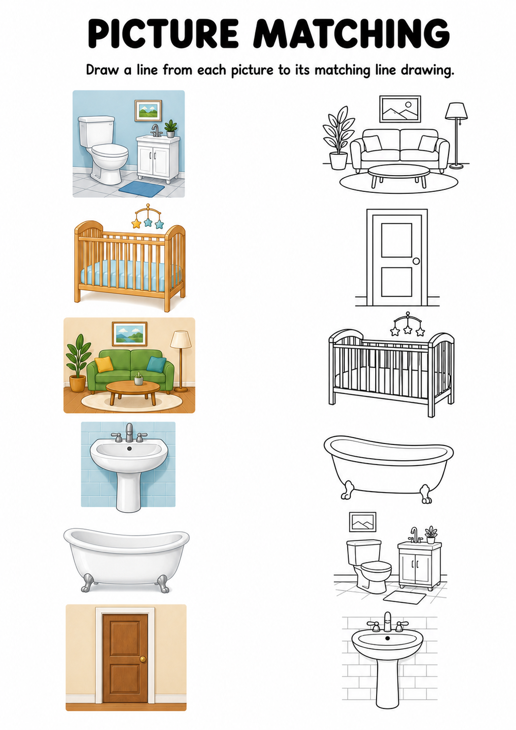 Furniture and rooms picture to line drawing worksheet with six items
