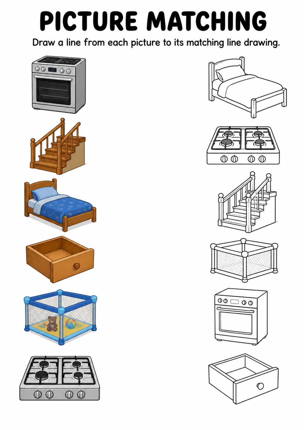 Furniture and rooms picture to line drawing worksheet with six items