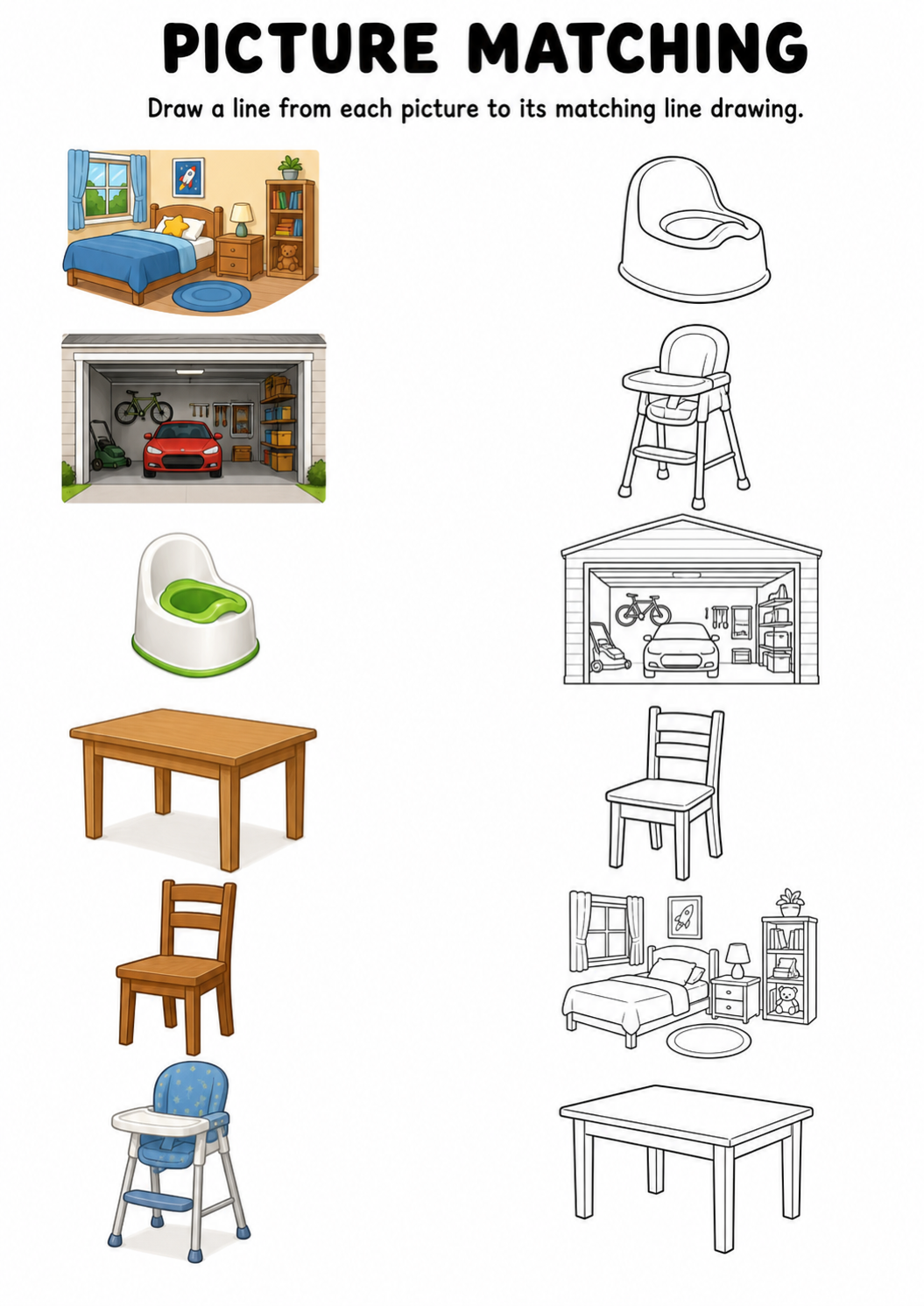 Furniture and rooms picture to line drawing worksheet with six items