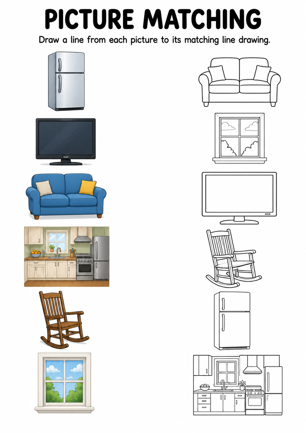 Furniture and rooms picture to line drawing worksheet with six items