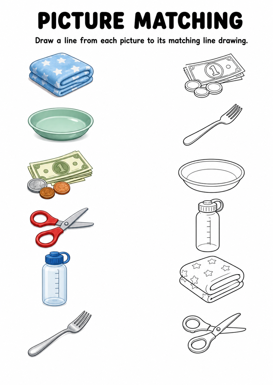 Household items picture to line drawing worksheet with six items