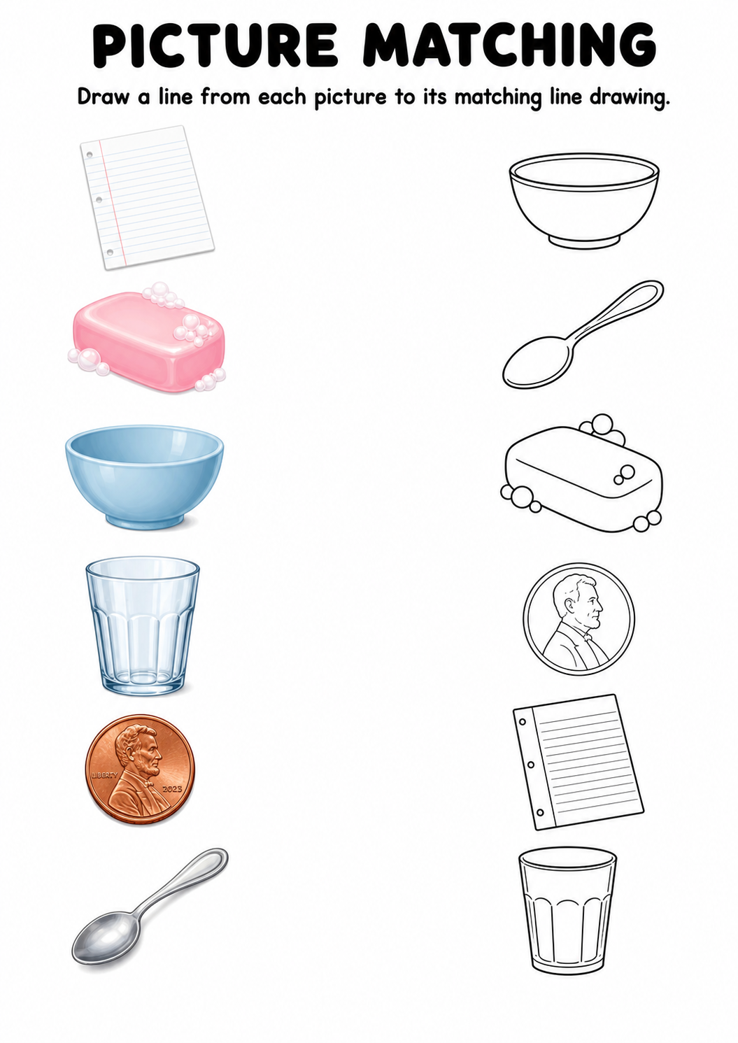 Household items picture to line drawing worksheet with six items