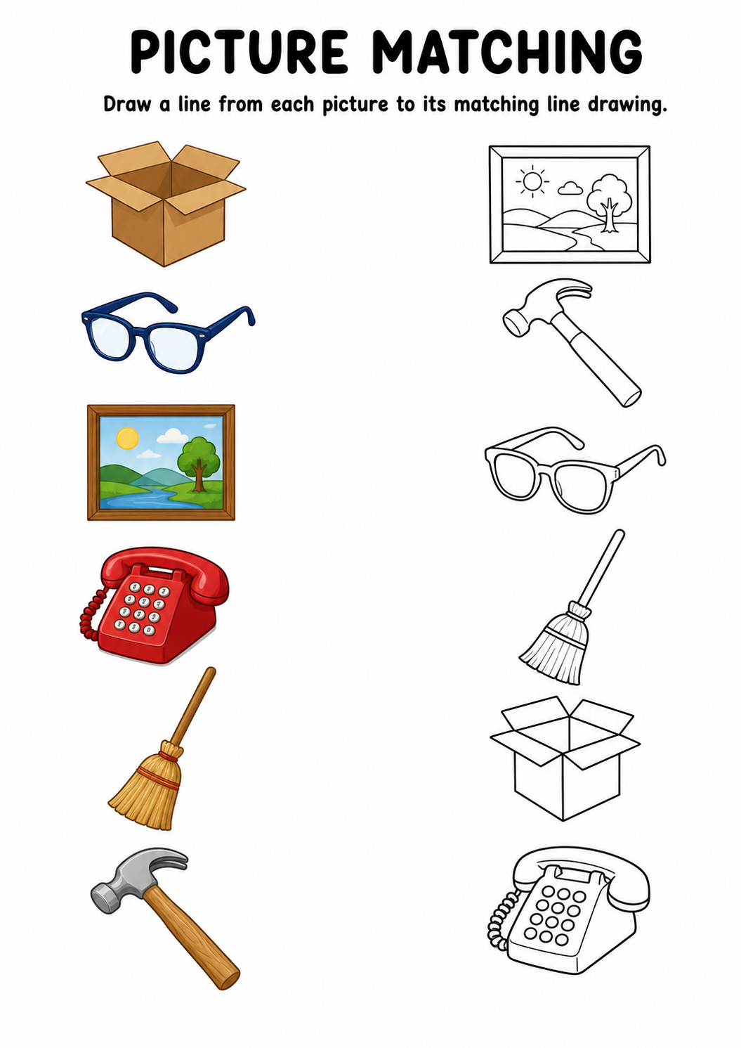 Household items picture to line drawing worksheet with six items