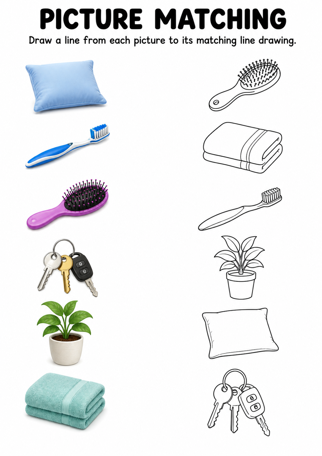 Household items picture to line drawing worksheet with six items