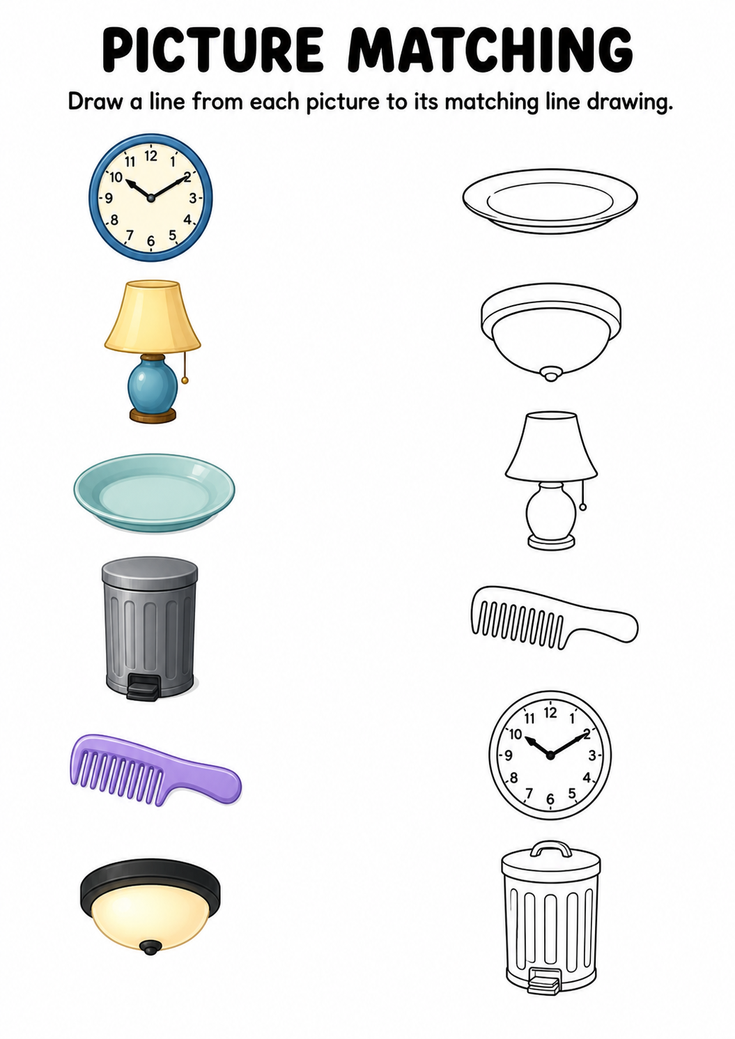 Household items picture to line drawing worksheet with six items