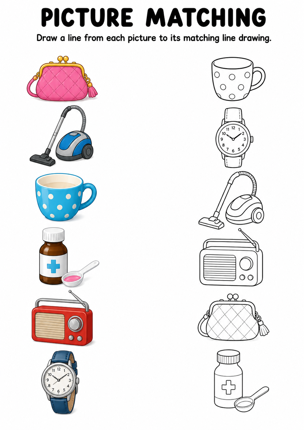 Household items picture to line drawing worksheet with six items