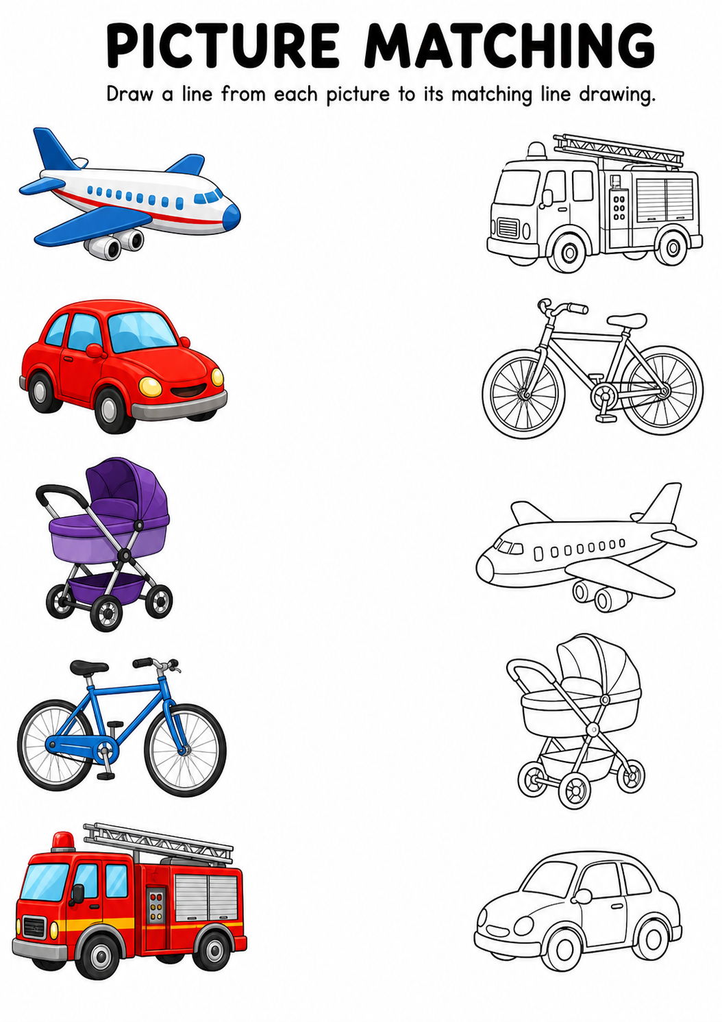 Vehicle picture to line drawing matching worksheet with five vehicles