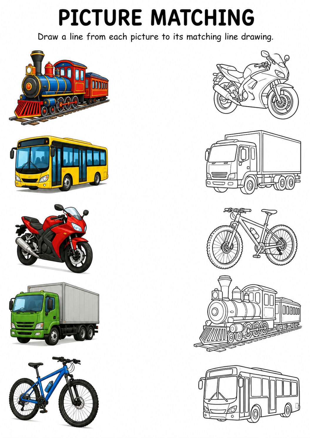 Vehicle picture to line drawing matching worksheet with five vehicles