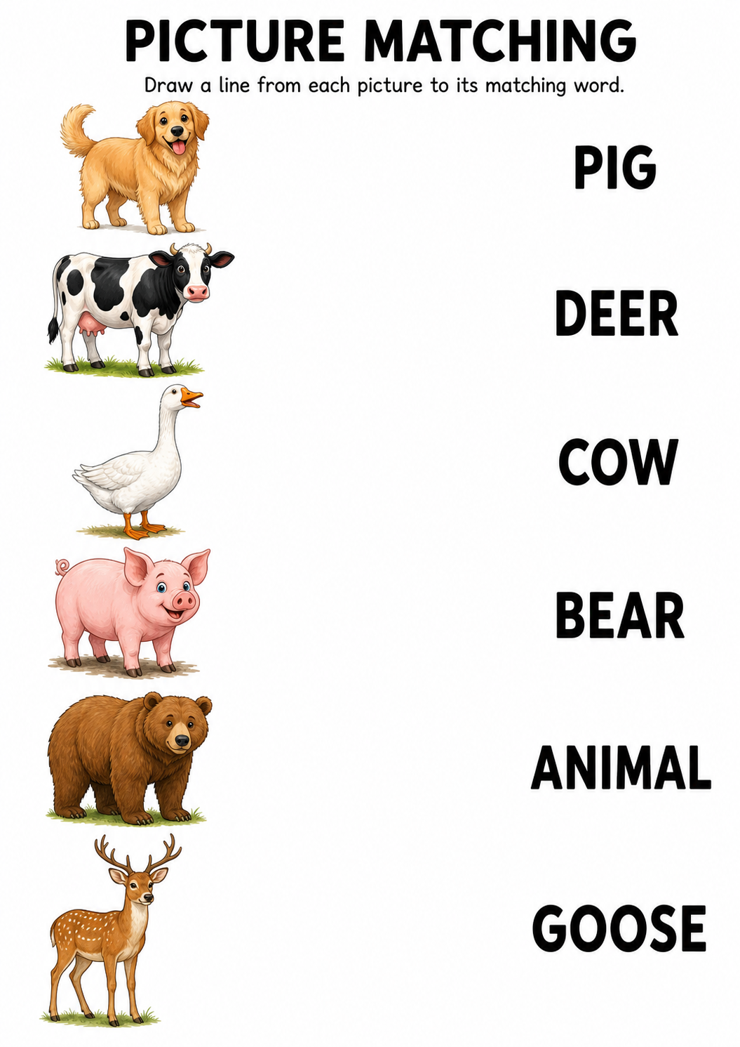 Colour animal picture to word matching worksheet