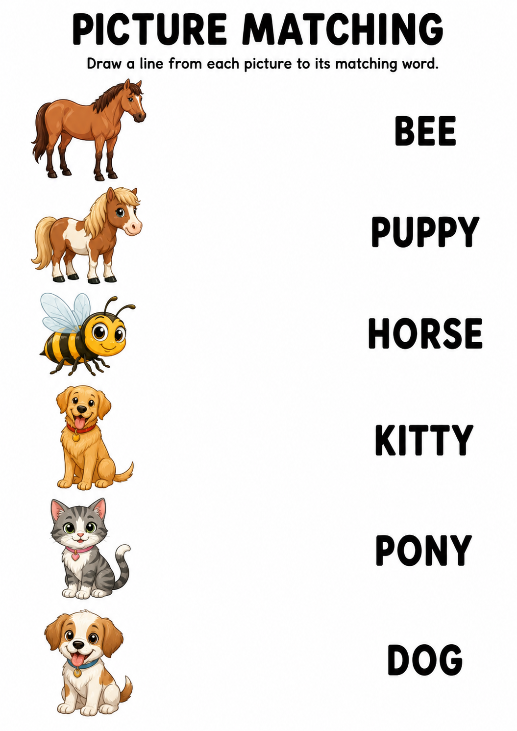 Colour animal picture to word matching worksheet