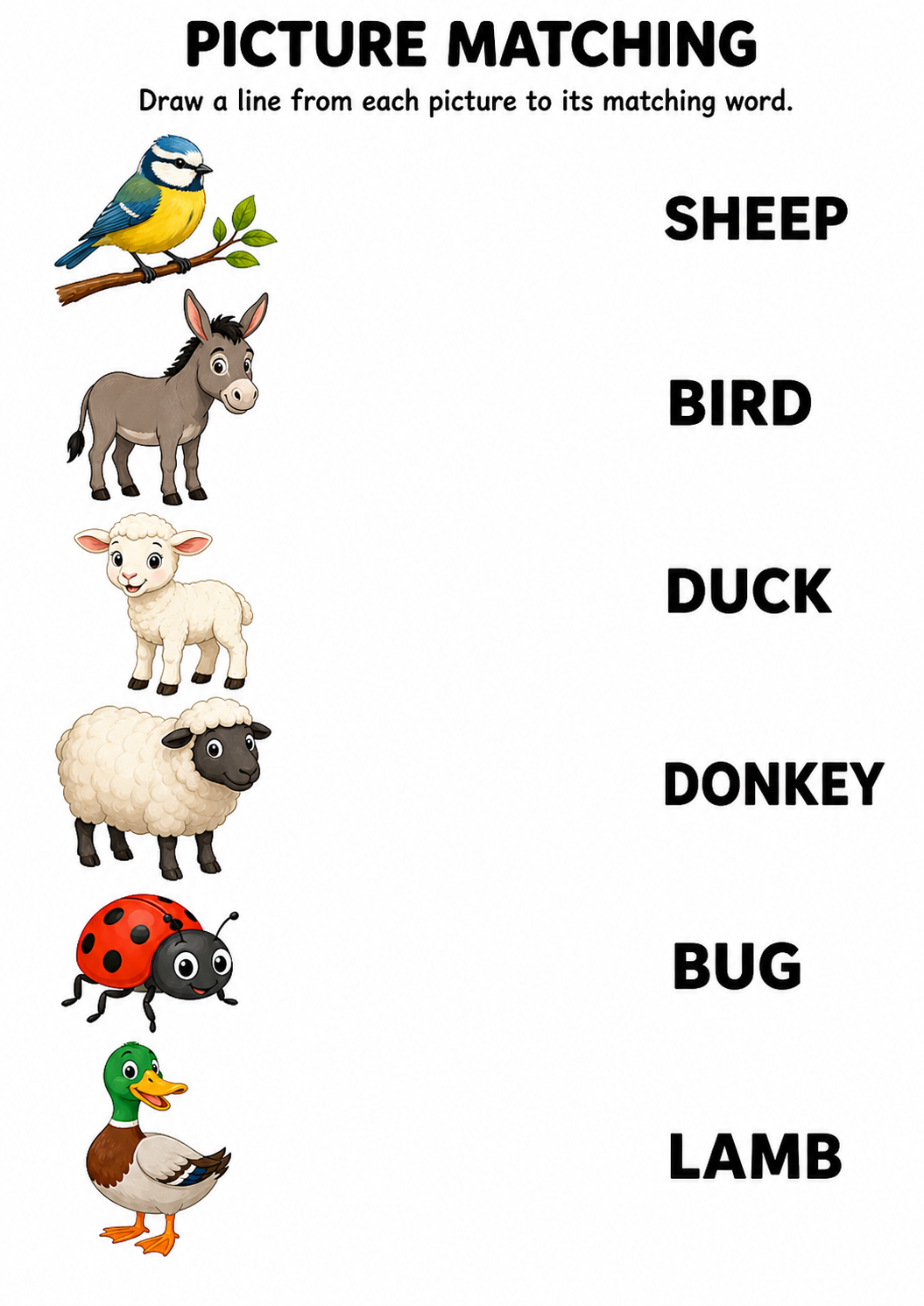 Colour animal picture to word matching worksheet