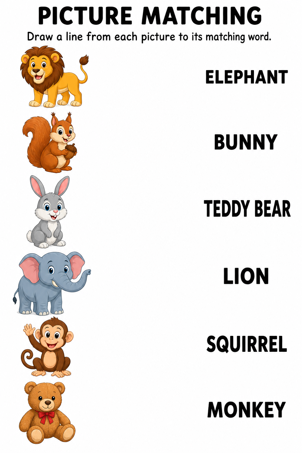 Colour animal picture to word matching worksheet