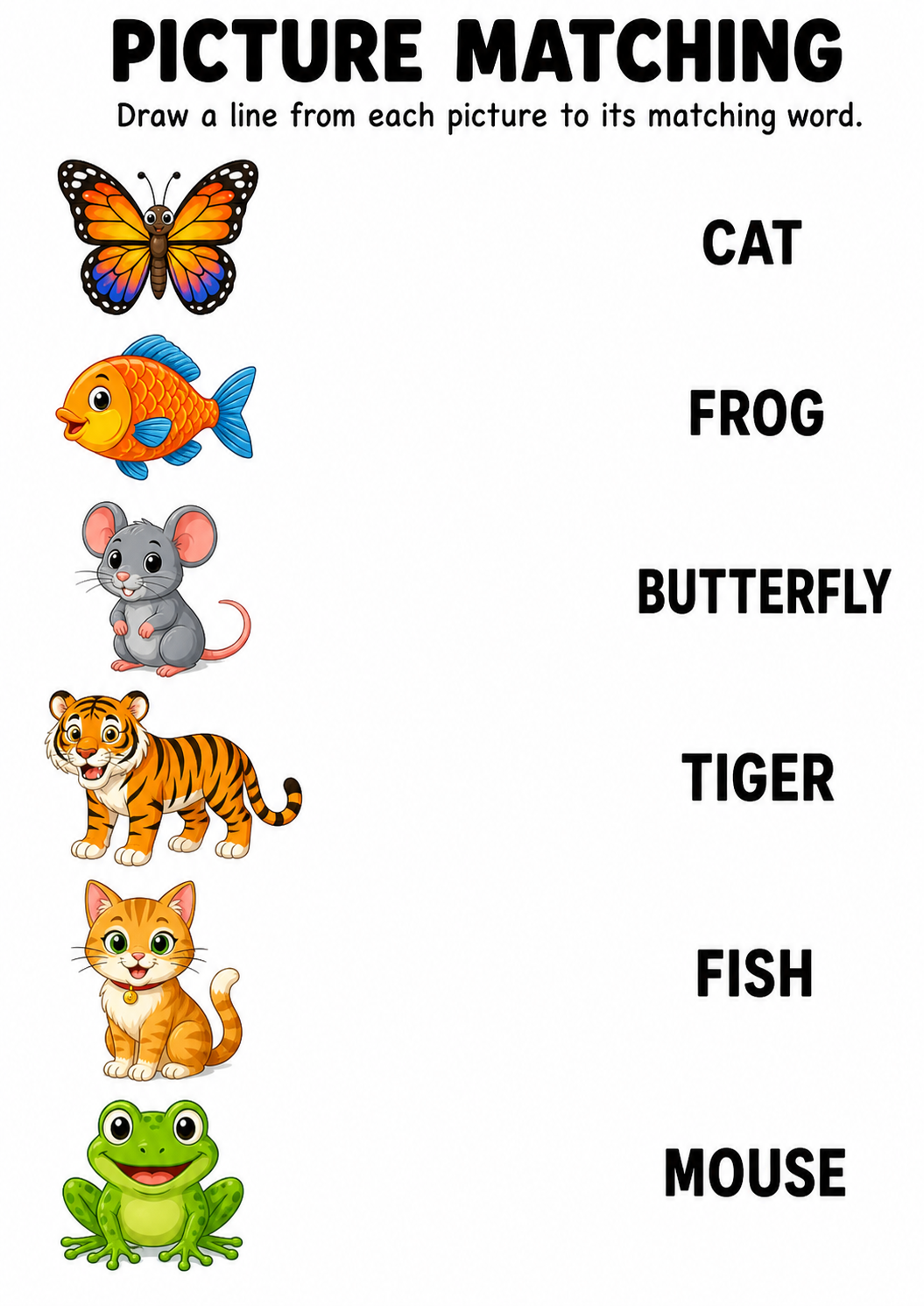 Colour animal picture to word matching worksheet