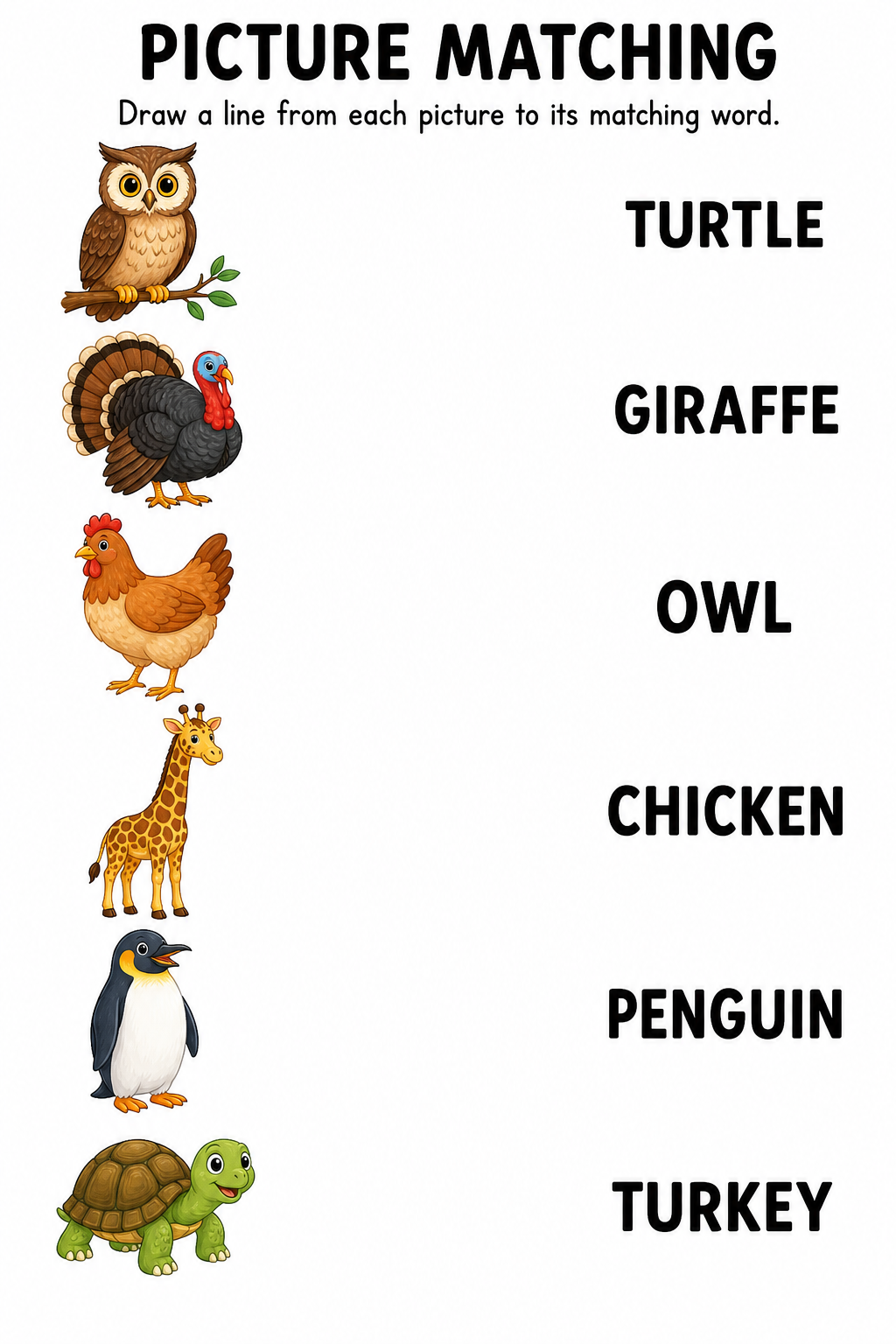 Colour animal picture to word matching worksheet