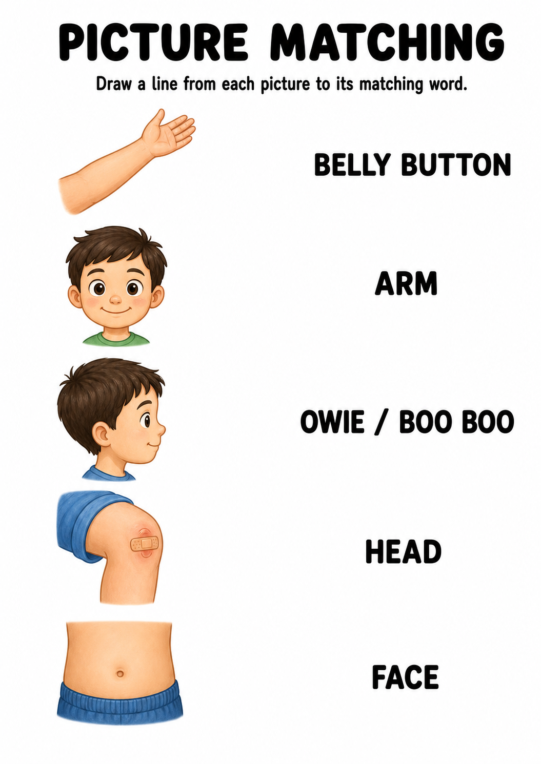 Body parts picture to word worksheet with five items