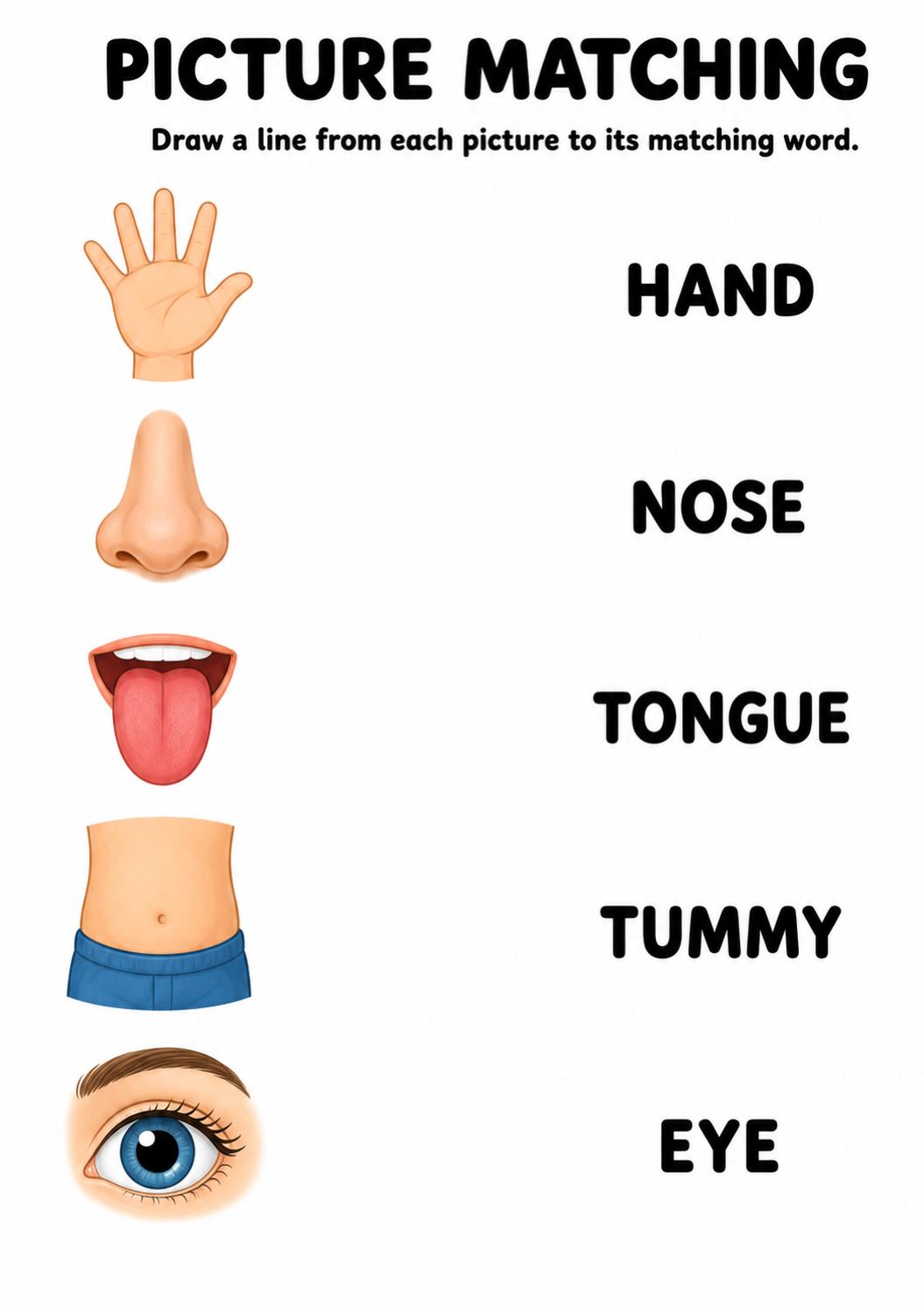 Body parts picture to word worksheet with five items