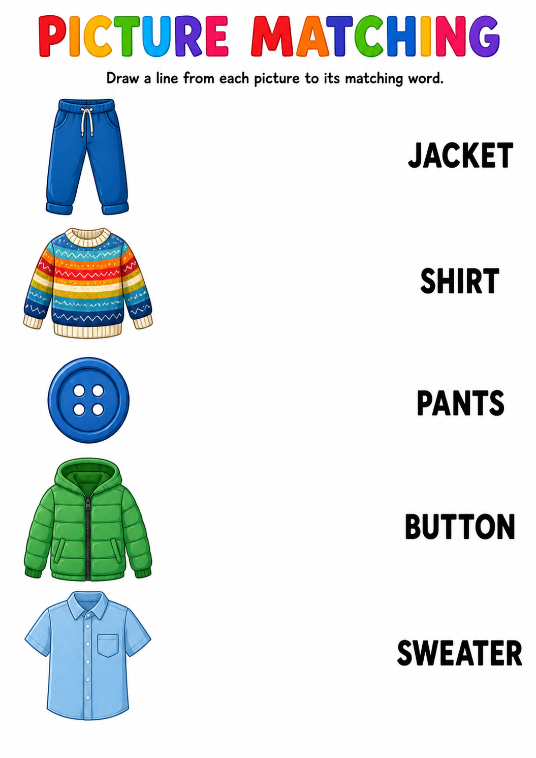 Clothing picture to word worksheet