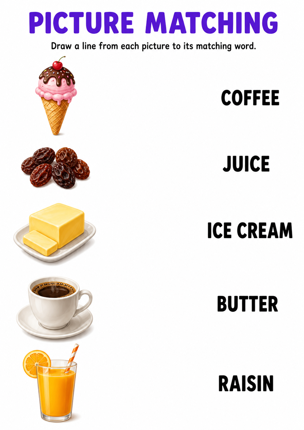 Food and drinks picture to word matching worksheet