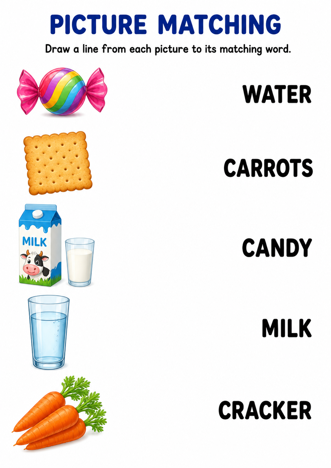Food and drinks picture to word matching worksheet