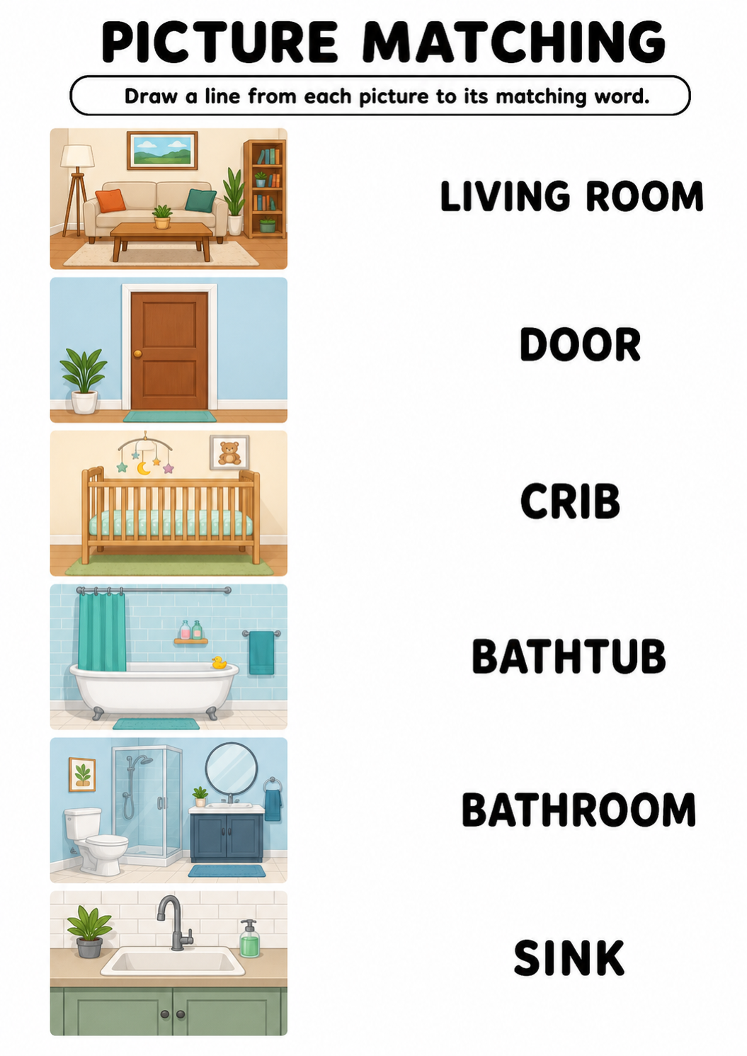 Furniture and rooms picture to word worksheet