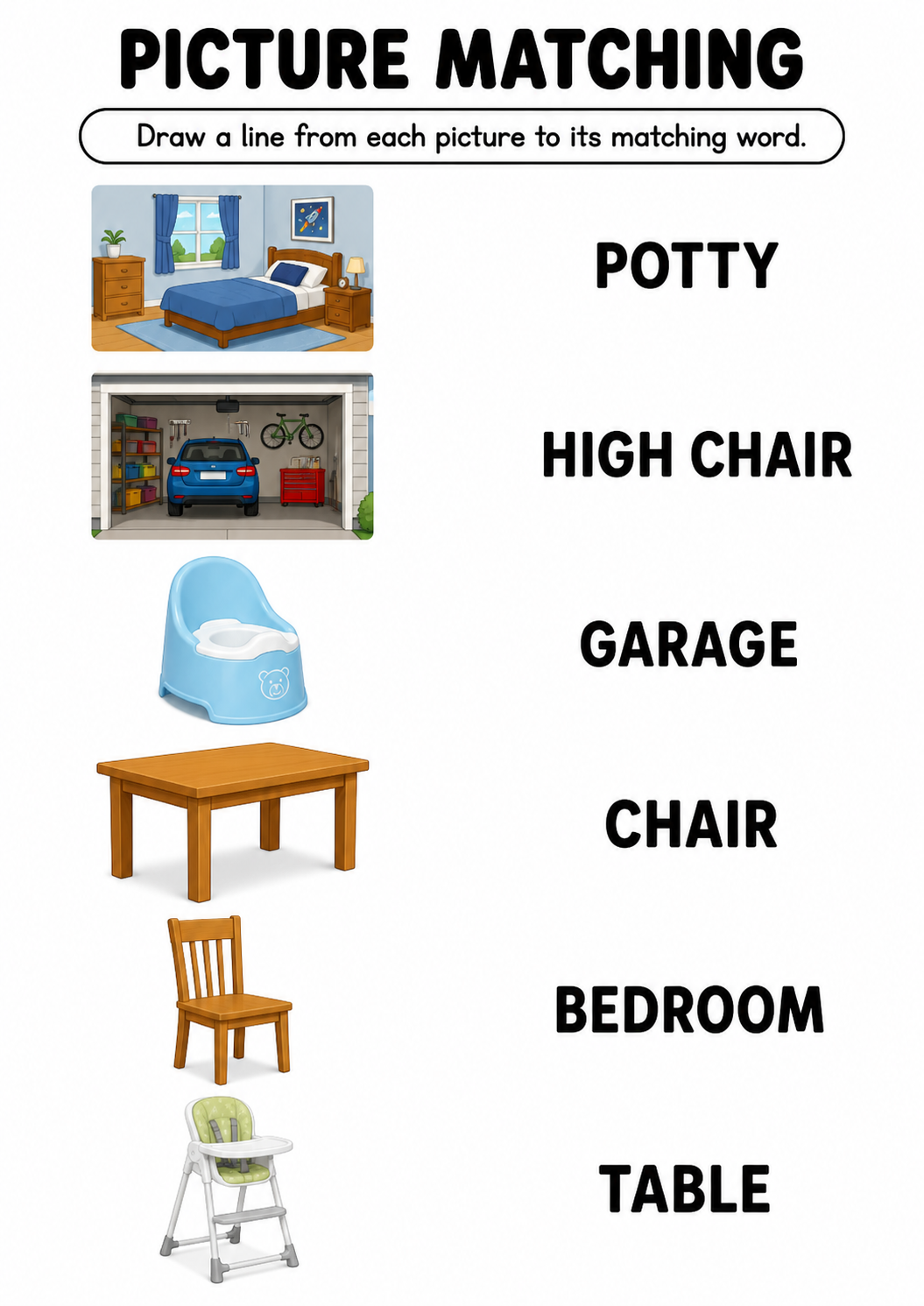 Furniture and rooms picture to word worksheet