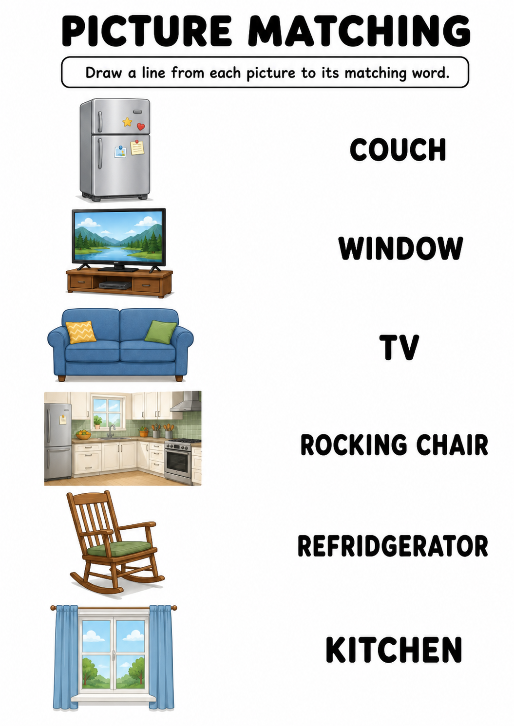 Furniture and rooms picture to word worksheet