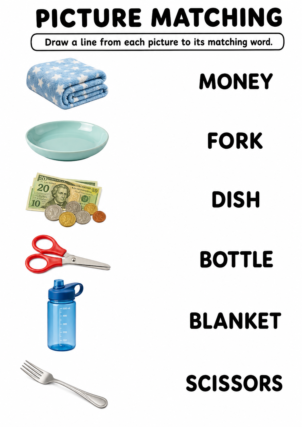 Household items picture to word worksheet