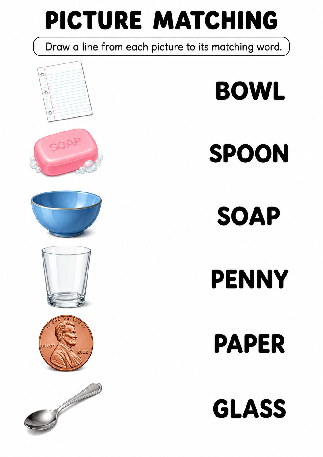 Household items picture to word worksheet