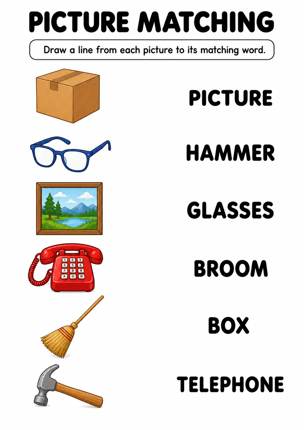 Household items picture to word worksheet