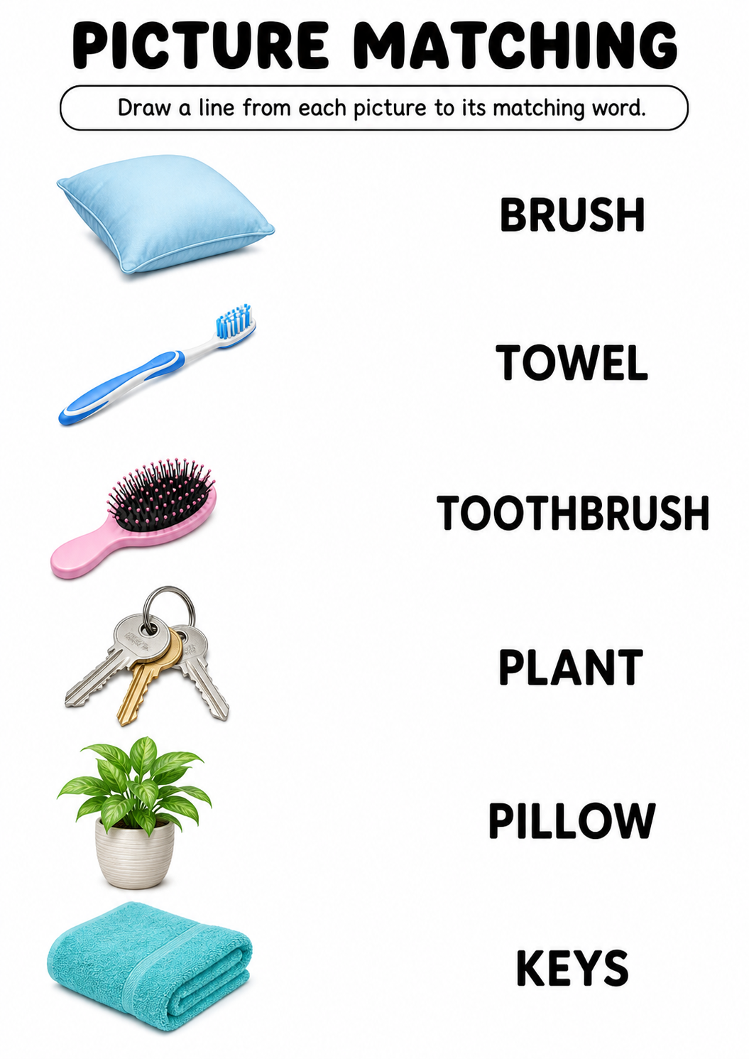 Household items picture to word worksheet