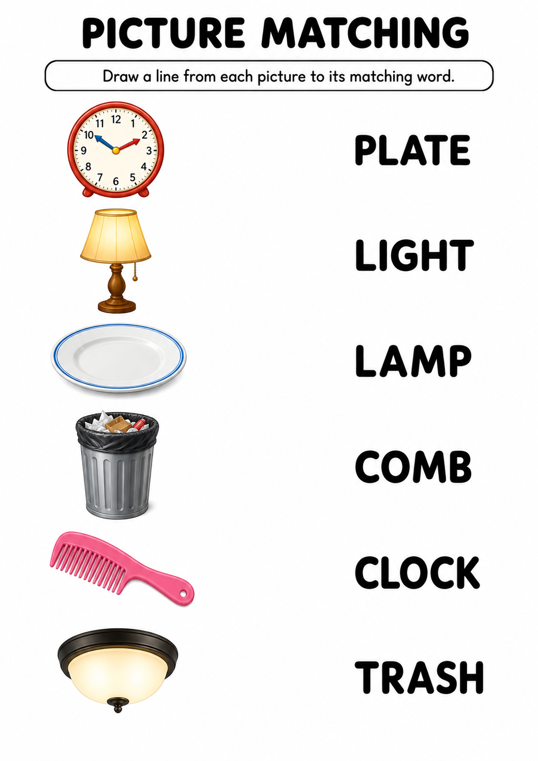 Household items picture to word worksheet