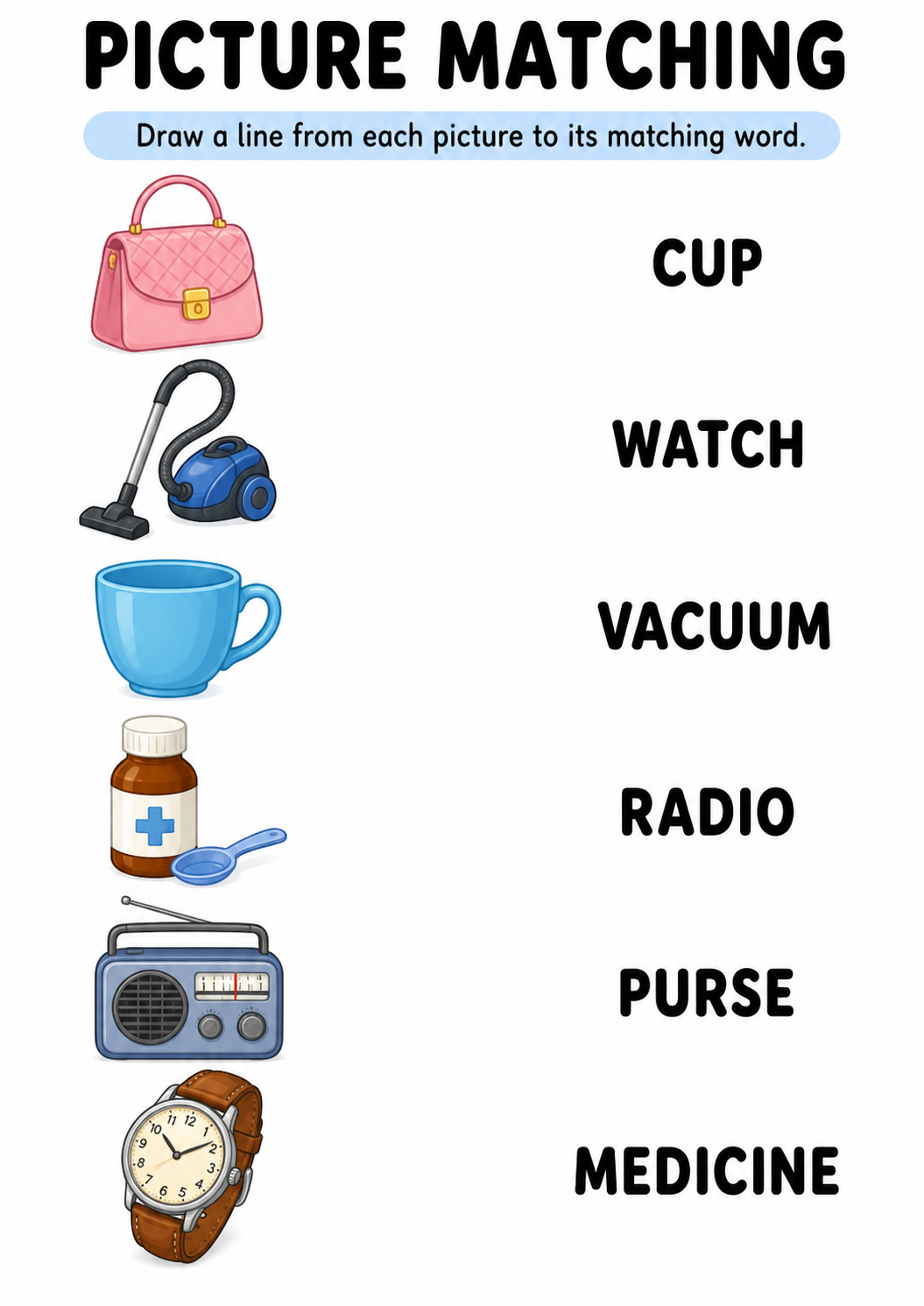 Household items picture to word worksheet