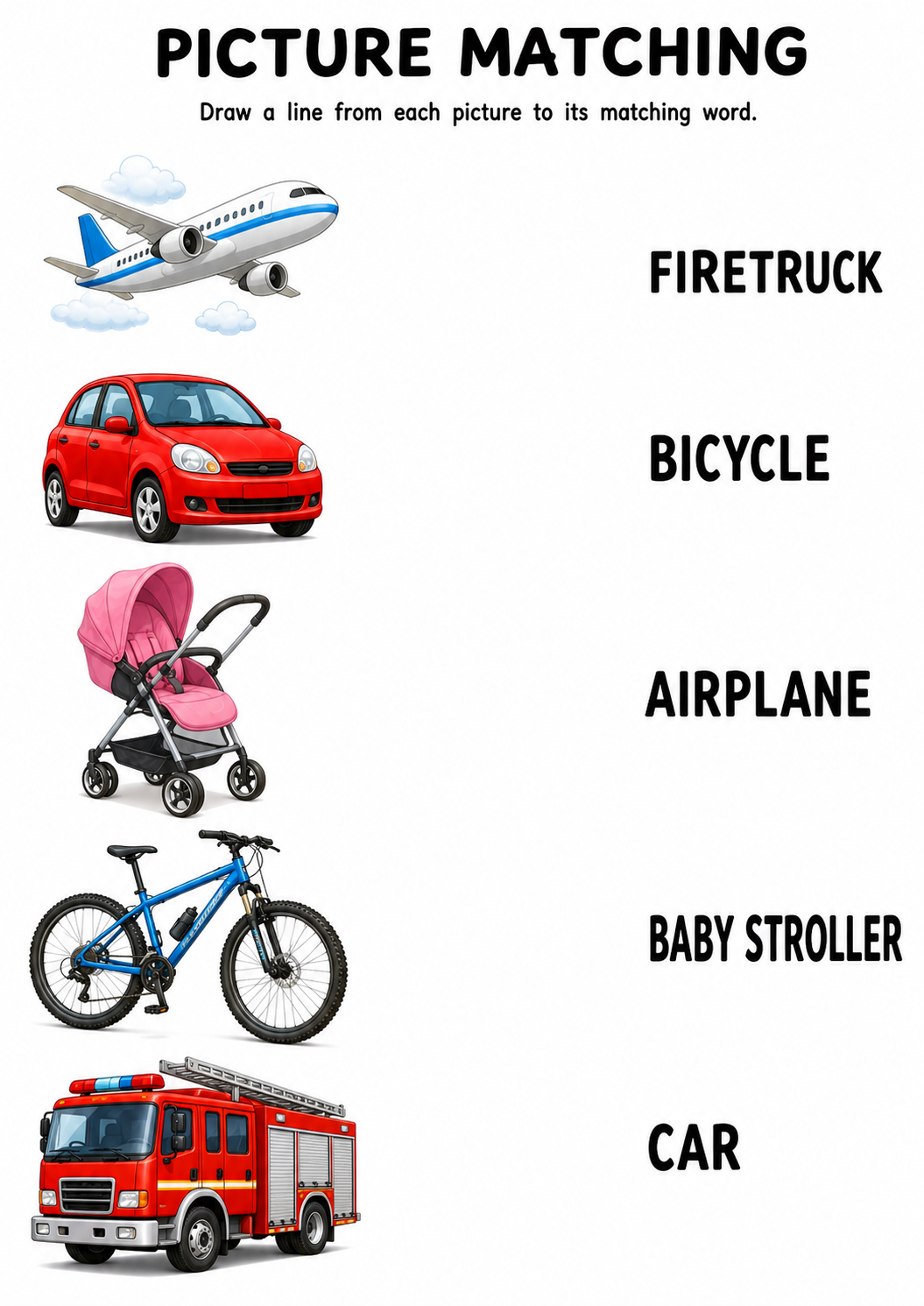 Vehicle picture to word matching worksheet with five vehicles