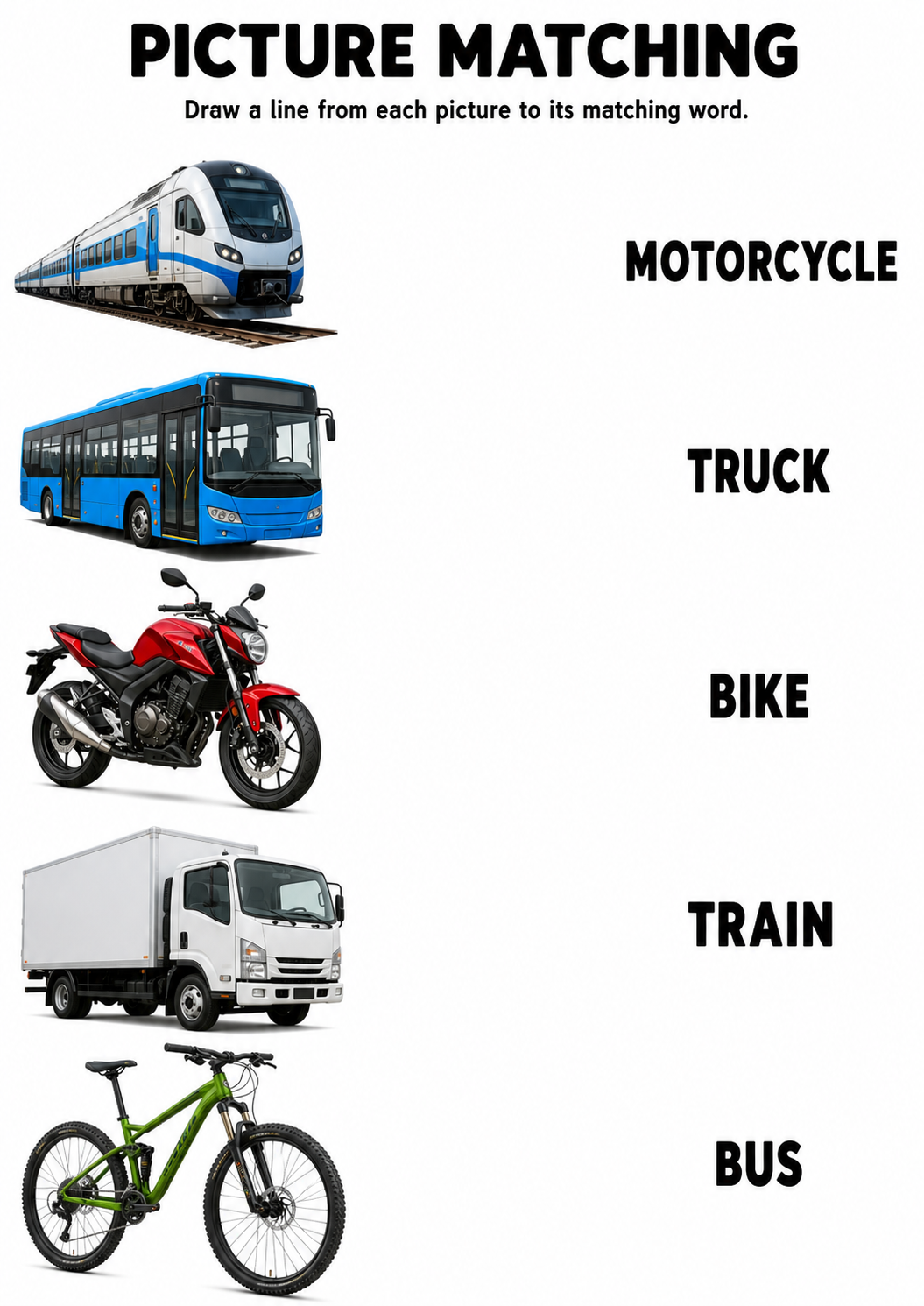 Vehicle picture to word matching worksheet with five vehicles