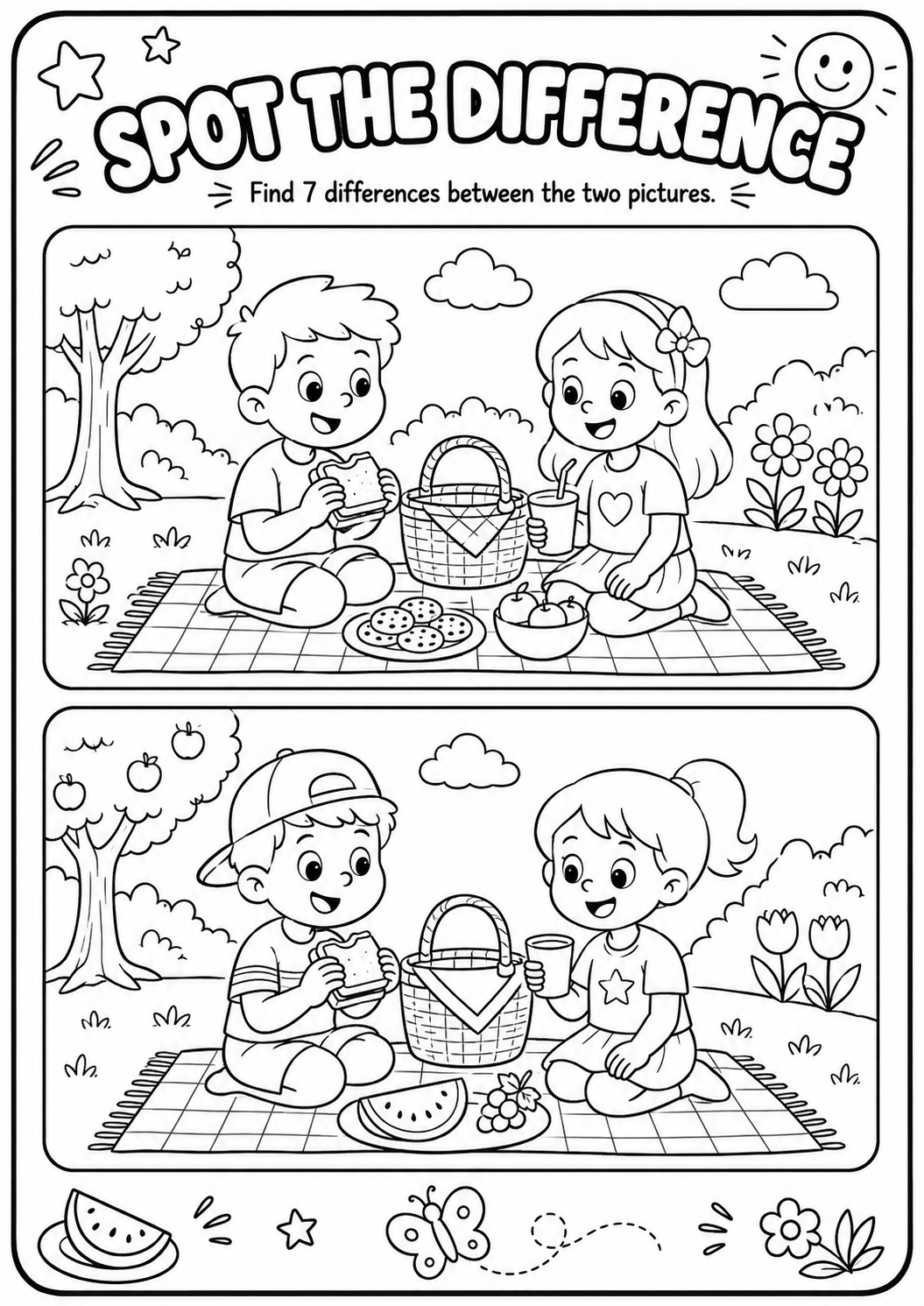 Compare two cheerful picnic scenes and find seven differences in the children, food, clothing, flowers and park details. This observation worksheet develops visual attention, comparison and concentration for children ages 5–8.