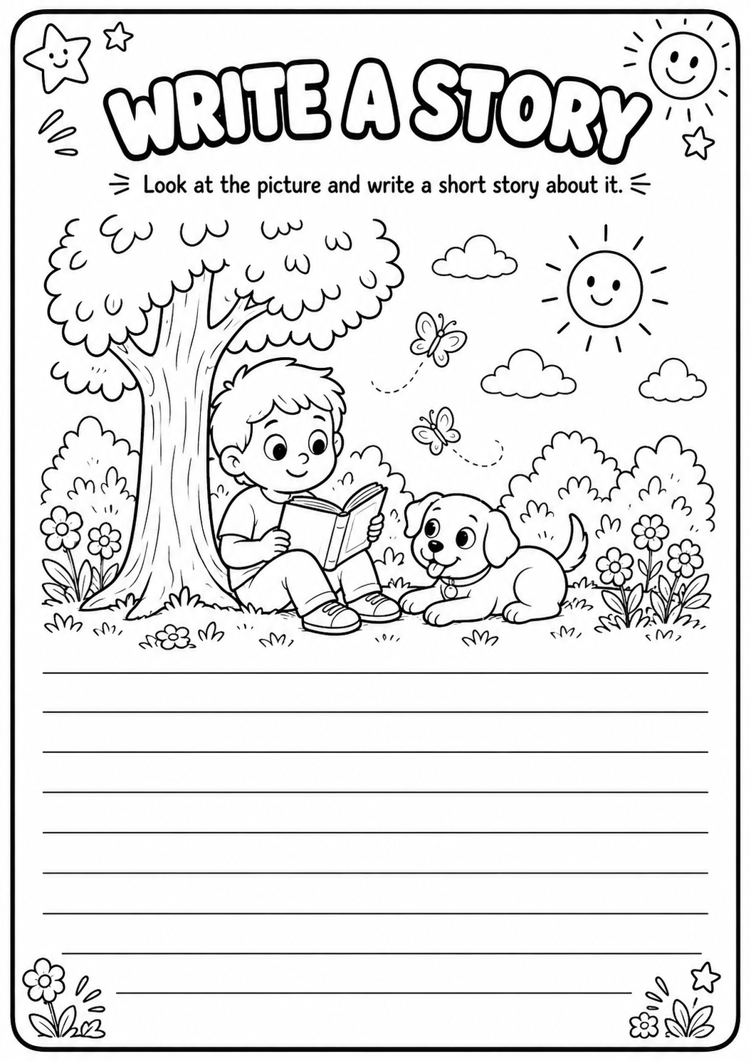 Look at a sunny park picture of a child reading beneath a tree beside a playful puppy, butterflies and flowers, then write a short story on the lined space. This creative-writing prompt supports imagination, sequencing and sentence building for ages 6–10.