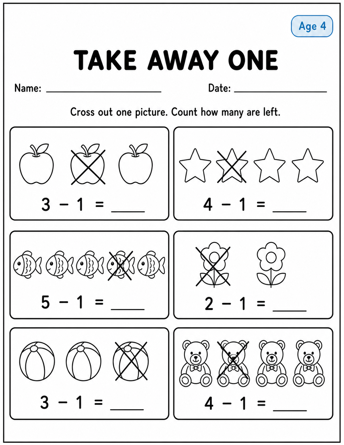 Printable take away one practice sheet 1 for age 4
