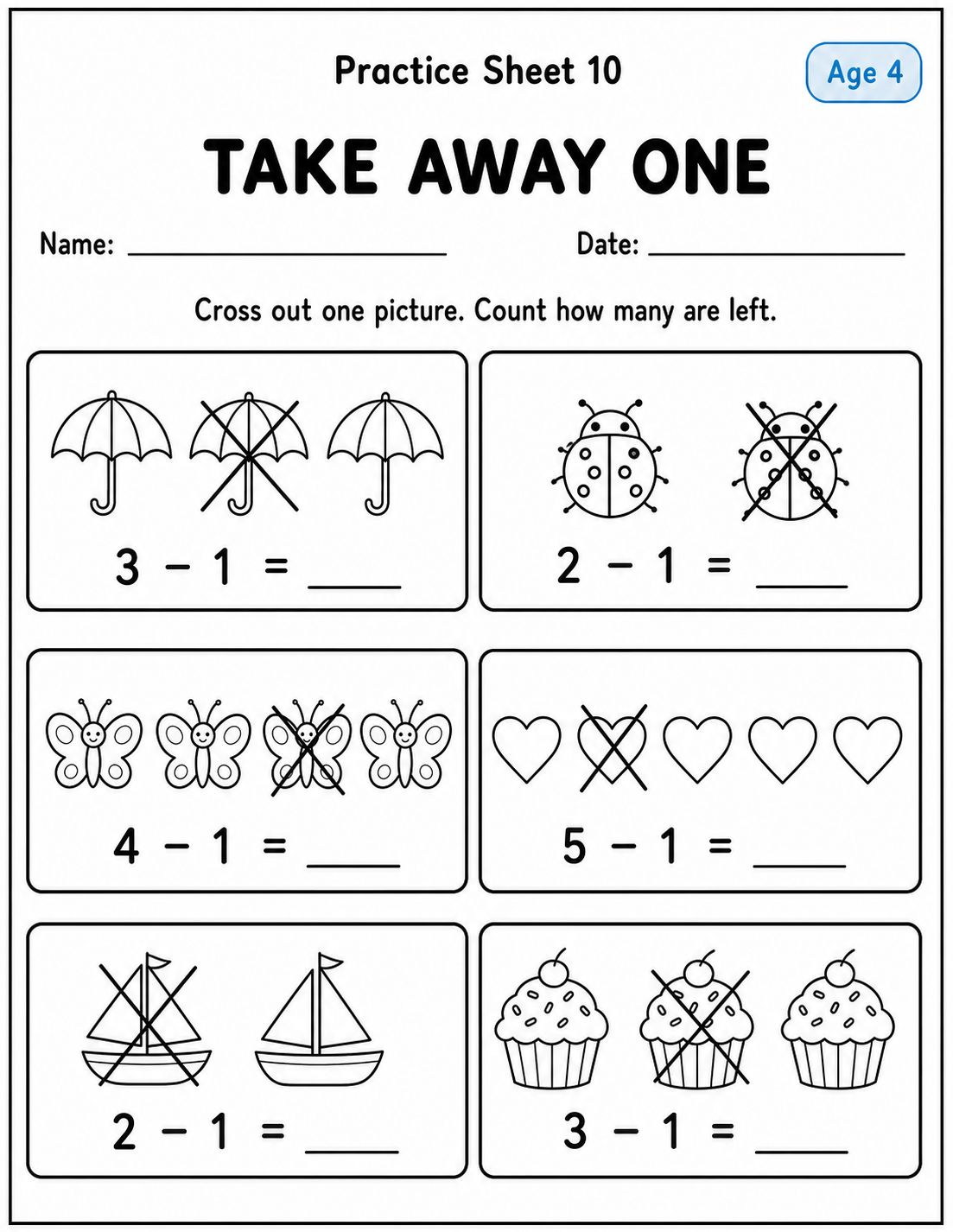 Printable take away one practice sheet 10 for age 4