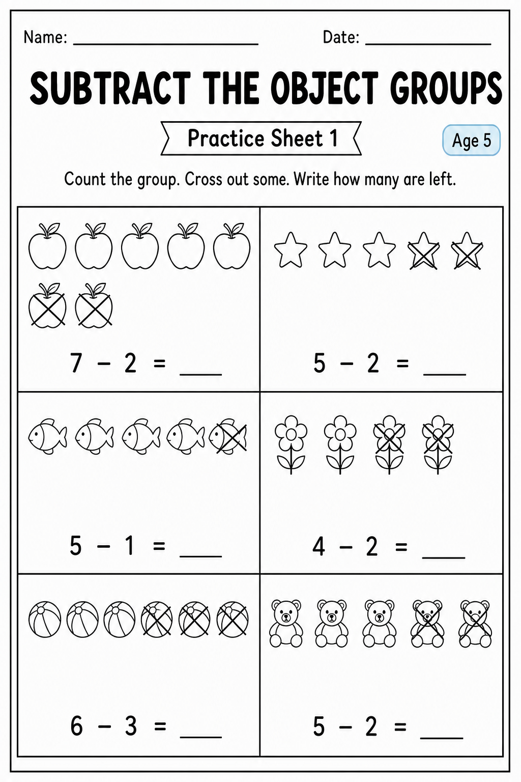 Printable subtract the object groups practice sheet 1 for age 5