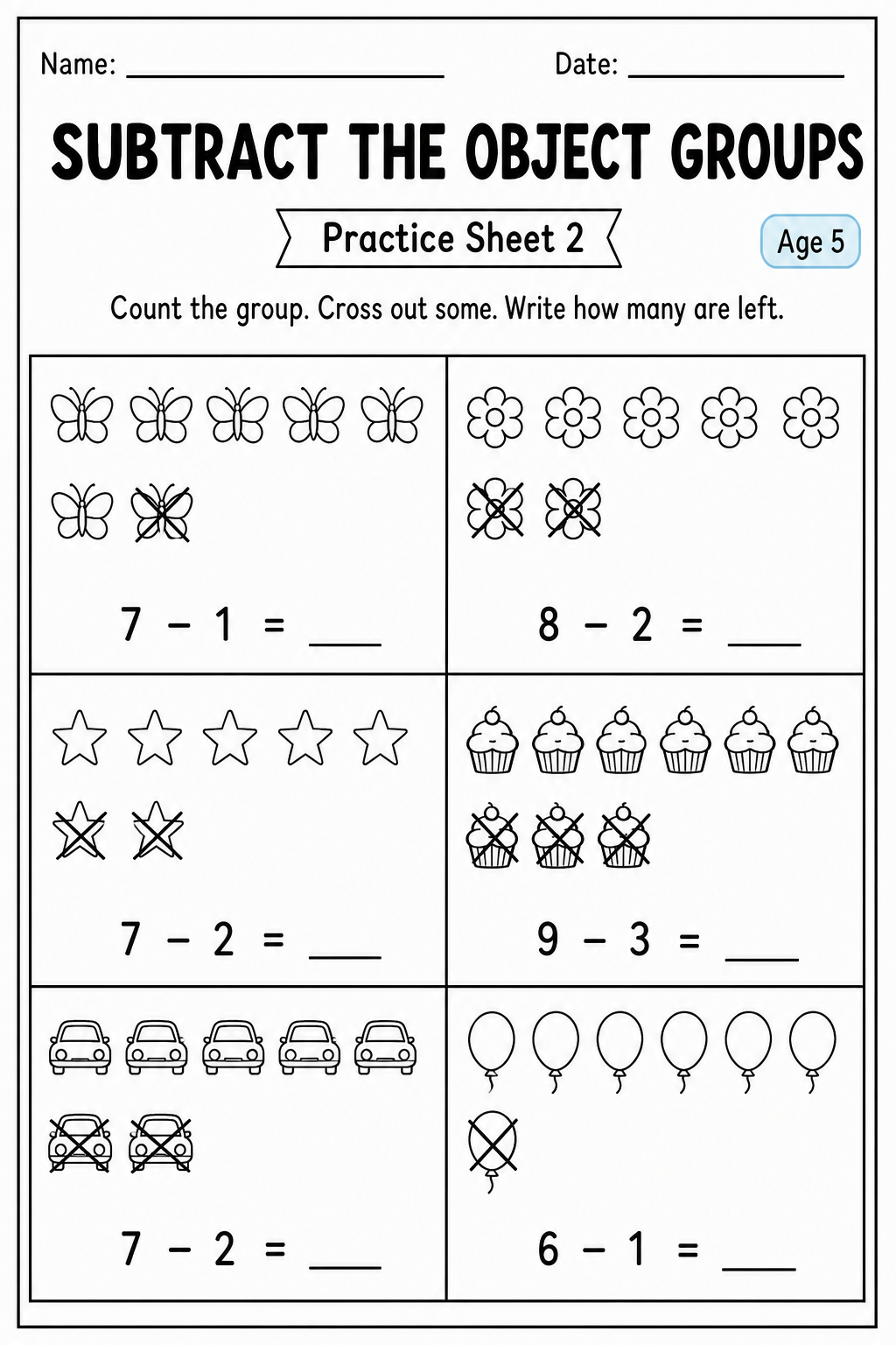 Printable subtract the object groups practice sheet 2 for age 5