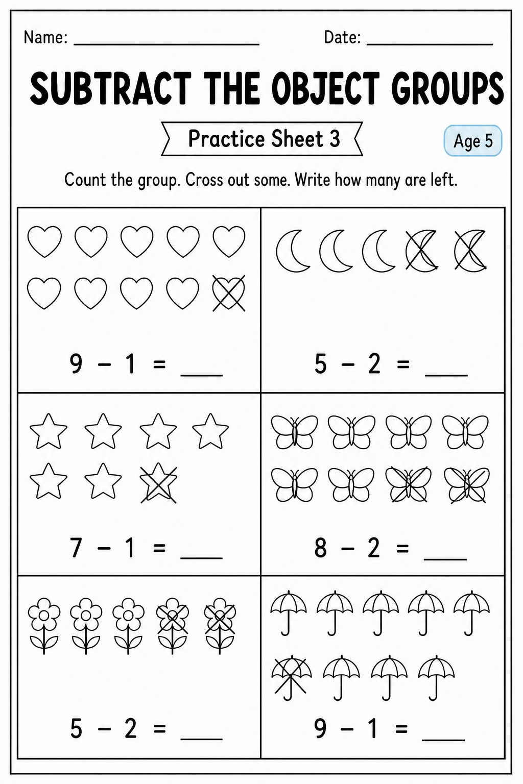 Printable subtract the object groups practice sheet 3 for age 5
