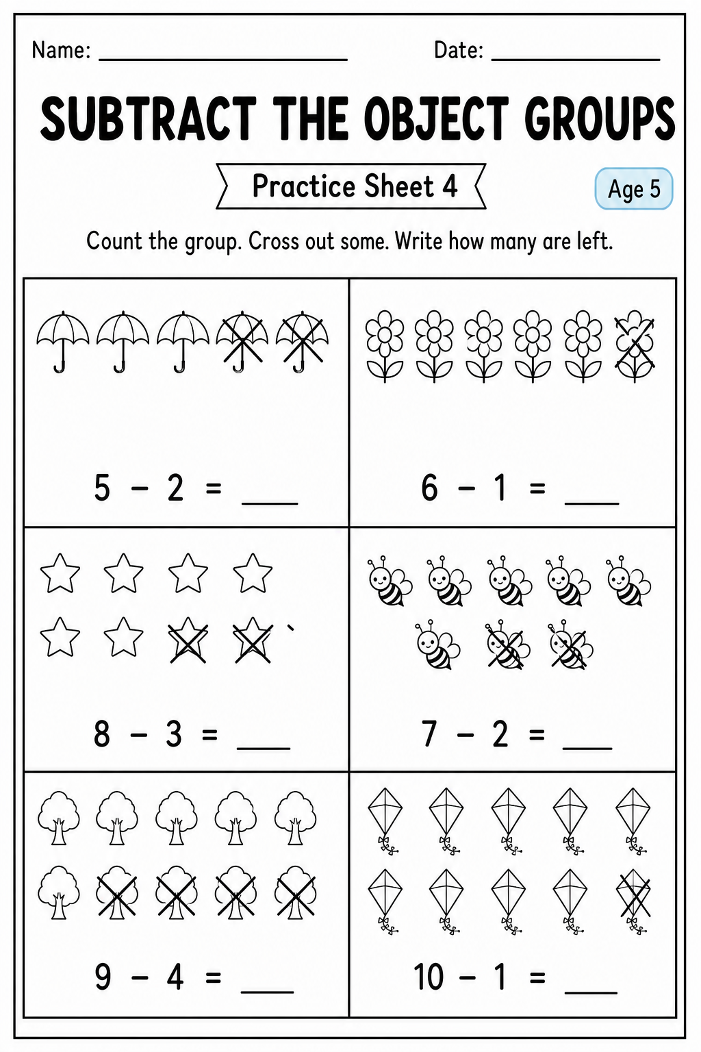 Printable subtract the object groups practice sheet 4 for age 5