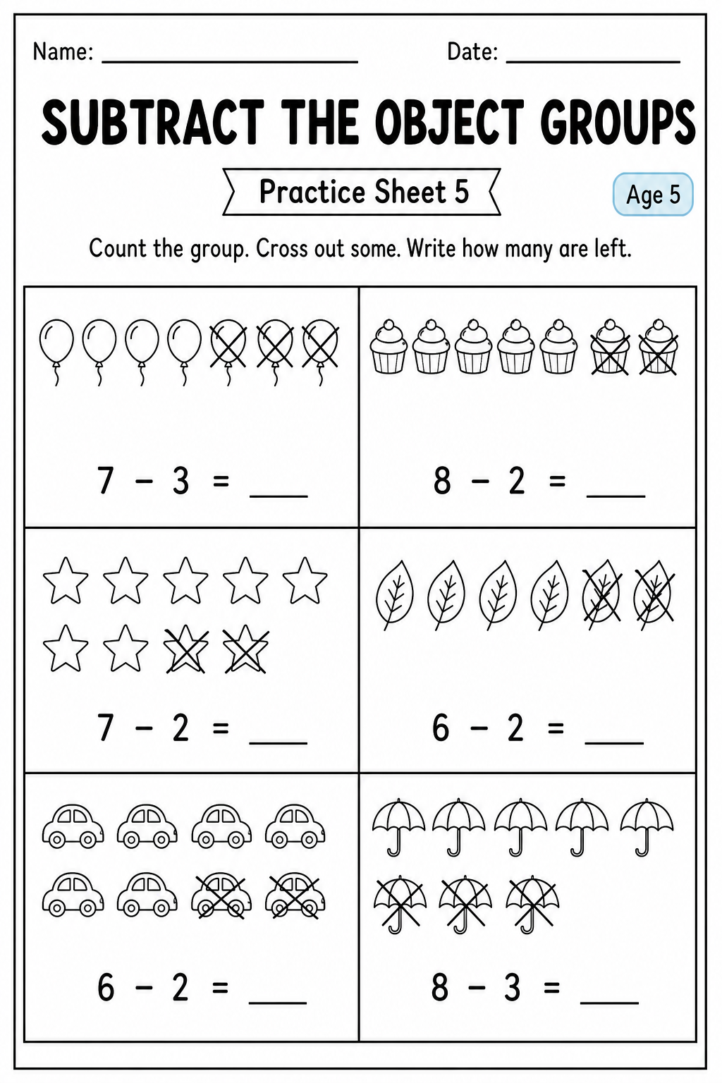 Printable subtract the object groups practice sheet 5 for age 5