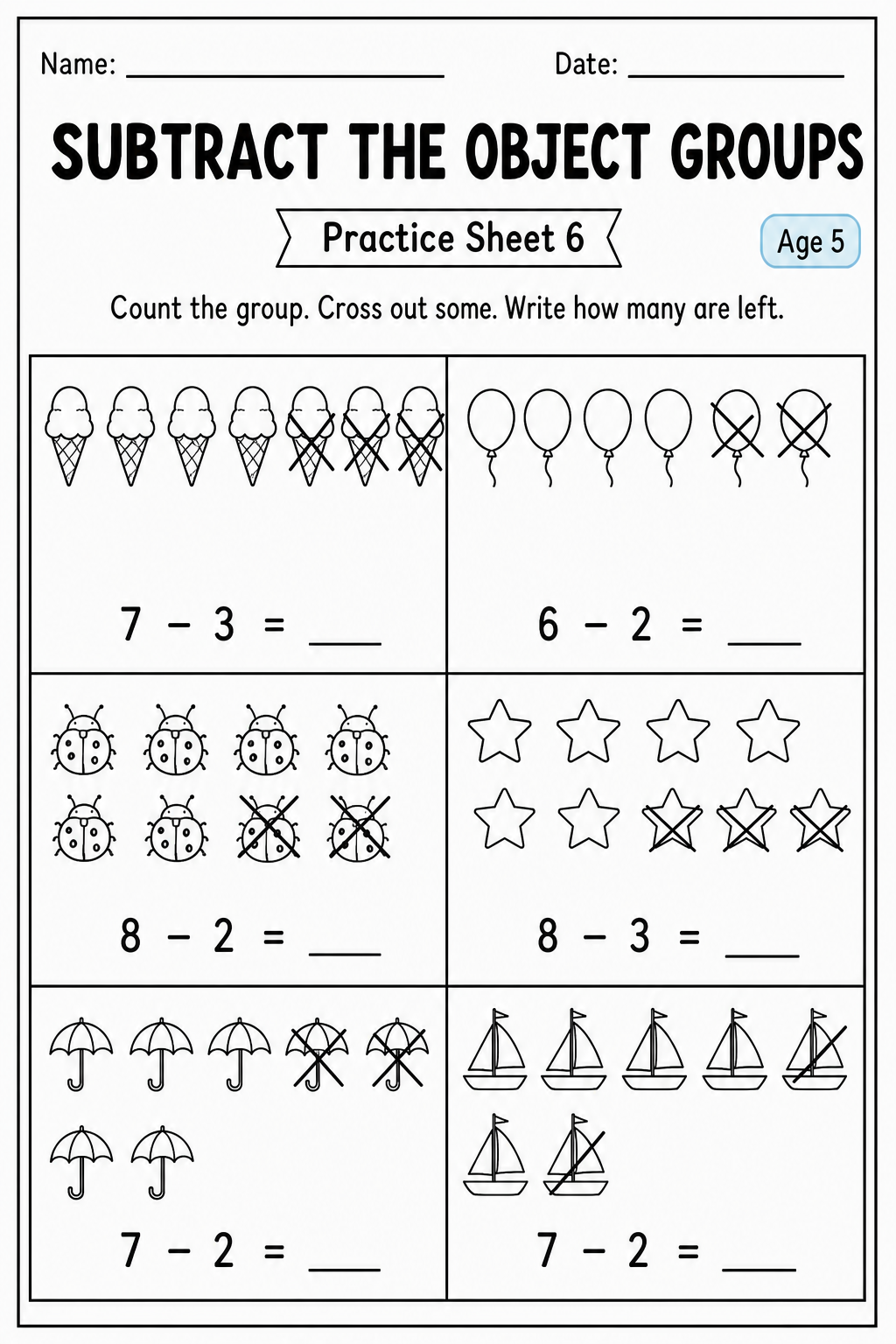 Printable subtract the object groups practice sheet 6 for age 5